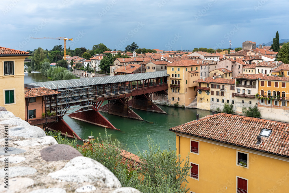 The wooden covered Bridge, or Ponte degli Alpini, on the Brenta River, designed in 1569 by the architect Andrea Palladio