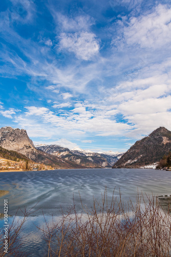 Clear Cold Landscape with blue sky at Grundlsee, Austria, winter, frozen lake. Travel spot