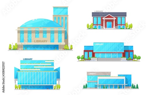 Public library modern facades with entrance door and parking. Vector university or college libraries isolated, exteriors of government buildings, books gallery. Architecture of educational departures