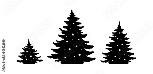 Christmas tree vector shape set. Pine Tree silhouette with stars. Monochrome icon collection. Black decorative element for paper design isolated on white. Template for laser plotter cutting, printing.