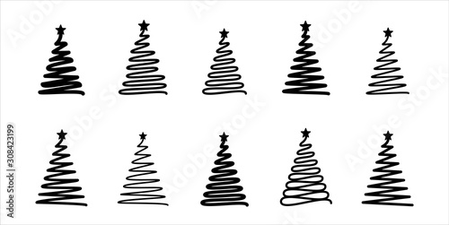 Christmas tree. Line draw scribbled stylized set. Decorative vector mobochrome elements collection, holiday black sign on white