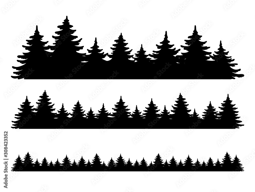 Forest vector shape set. Pine tree landscape collection, panorama. Hand drawn stylized black illustrations isolated on white background. Element for design christmas banner, poster