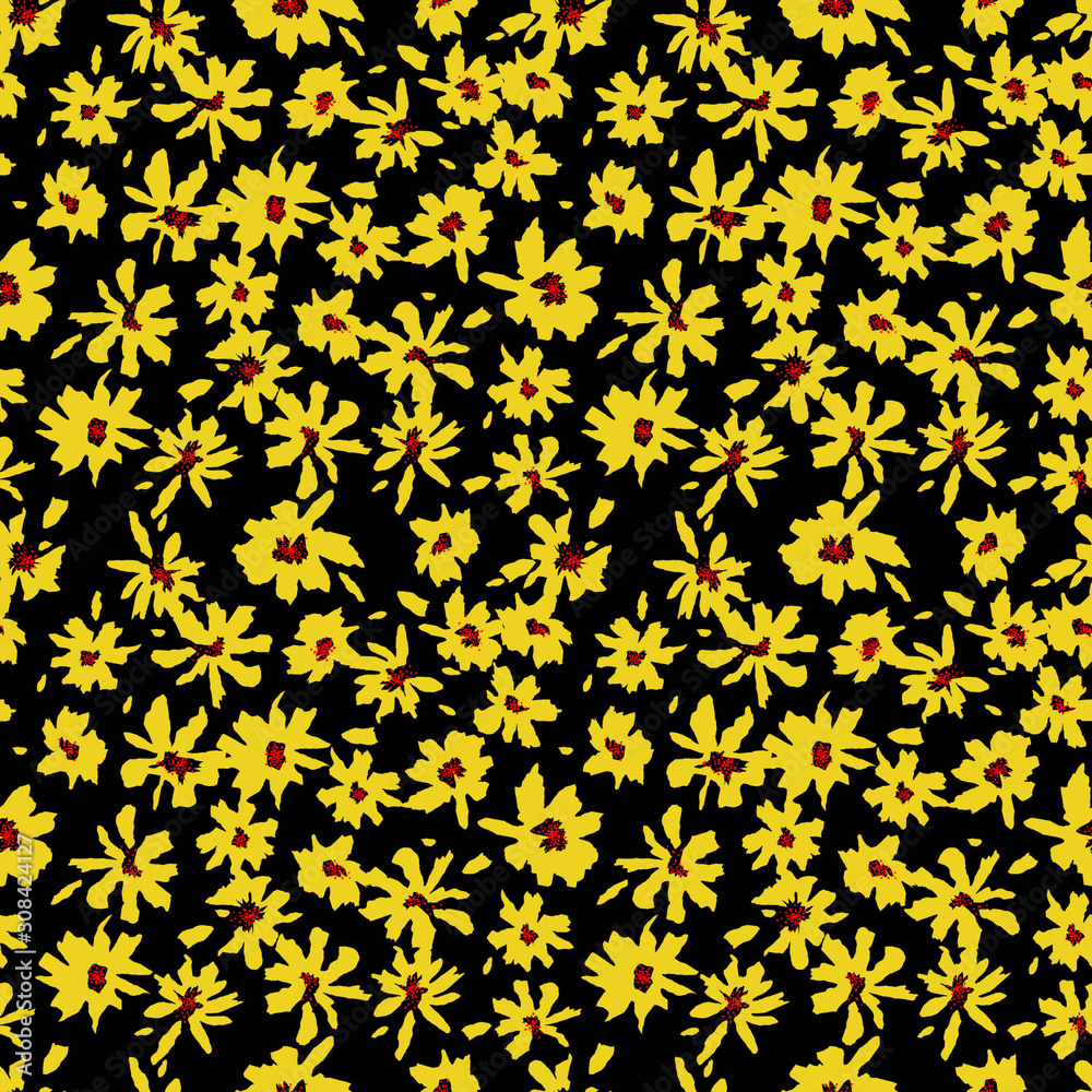 Yellow flowers seamless pattern on black background. Floral print of fabric. Fashion design. - illustration