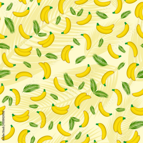 Seamless tropical palm leaves and bananas.Fashion graphic design.Textile colorful pattern. - illustration.