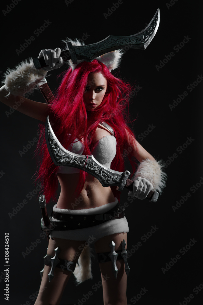 Sexy redhead woman in cosplay costume of warrior cat with swords posing on  dark background Stock Photo | Adobe Stock