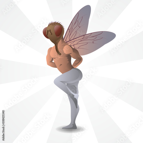 A man in a fly insect costume dances on an isolated background. Vector image.