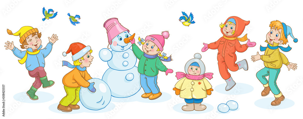 Children in winter. Happy boys and girls play, sculpt a snowman and walking. In a cartoon style. Isolated on white background. Vector illustration. Children in winter. Happy boys and girls play, sculpt a snowman and walking. In a cartoon style. Isolated on white background. Vector illustration.