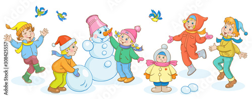 Children in winter. Happy boys and girls play, sculpt a snowman and walking. In a cartoon style. Isolated on white background. Vector illustration.