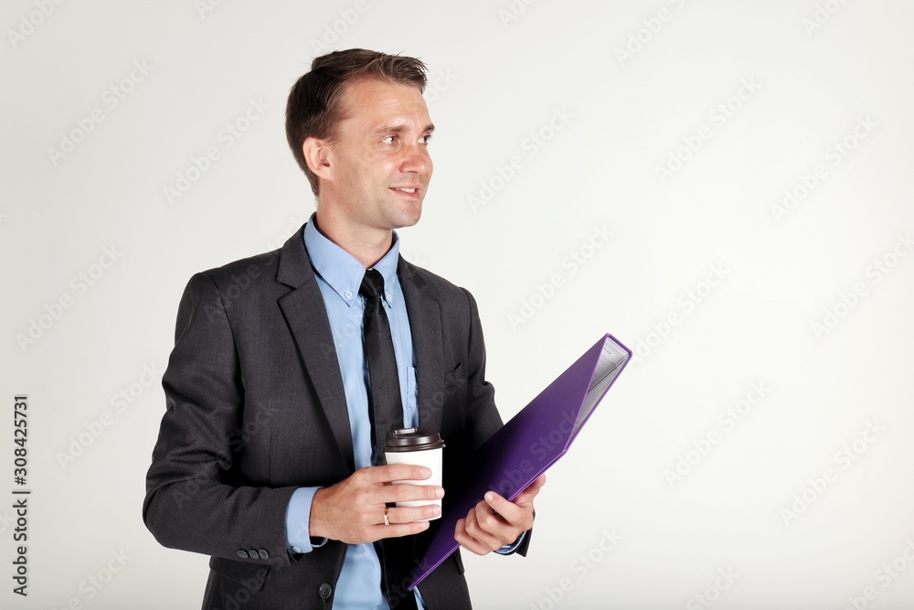businessman with cup of coffee on white background businessman with cup of coffee on white background