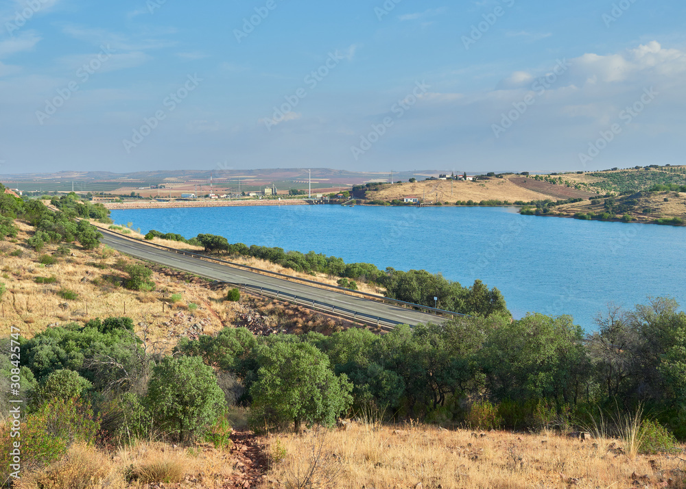 Landscape view of the Puerto de Vallehermoso reservoir in the municipality of the town of Alhambra, Ciudad Real, Castilla la Mancha, Spain