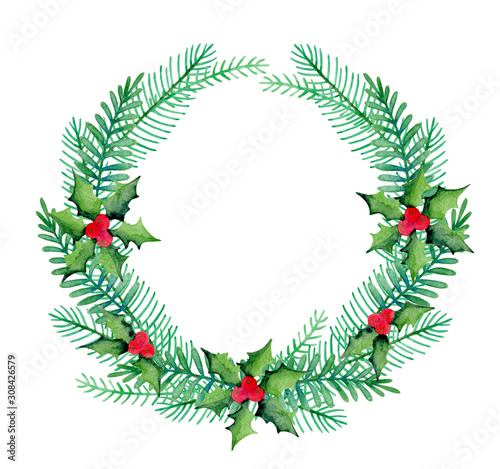 Wreath of fir branches and holly