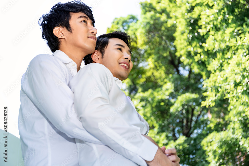 Portrait of Asian homosexual couple hug and sweet moment of love.Concept LGBT gay. Portrait of Asian homosexual couple hug and sweet moment of love.Concept LGBT gay.