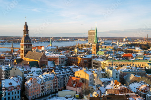 Riga / Latvia - 01 December 2019:Panoramic view from Riga cathedral on old town of Riga, Latvia