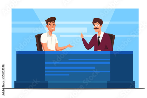 News presenter interviewing man guest in studio