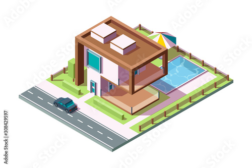 Modern private house. Luxury building residential exterior with grass car pool vector isometric home low poly 3d. Villa exterior house building, home architecture private illustration