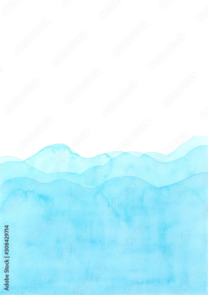 Abstract watercolor hand painting illustration. Bright blue wavy background. High resolution. Design for card, cover, print,web.