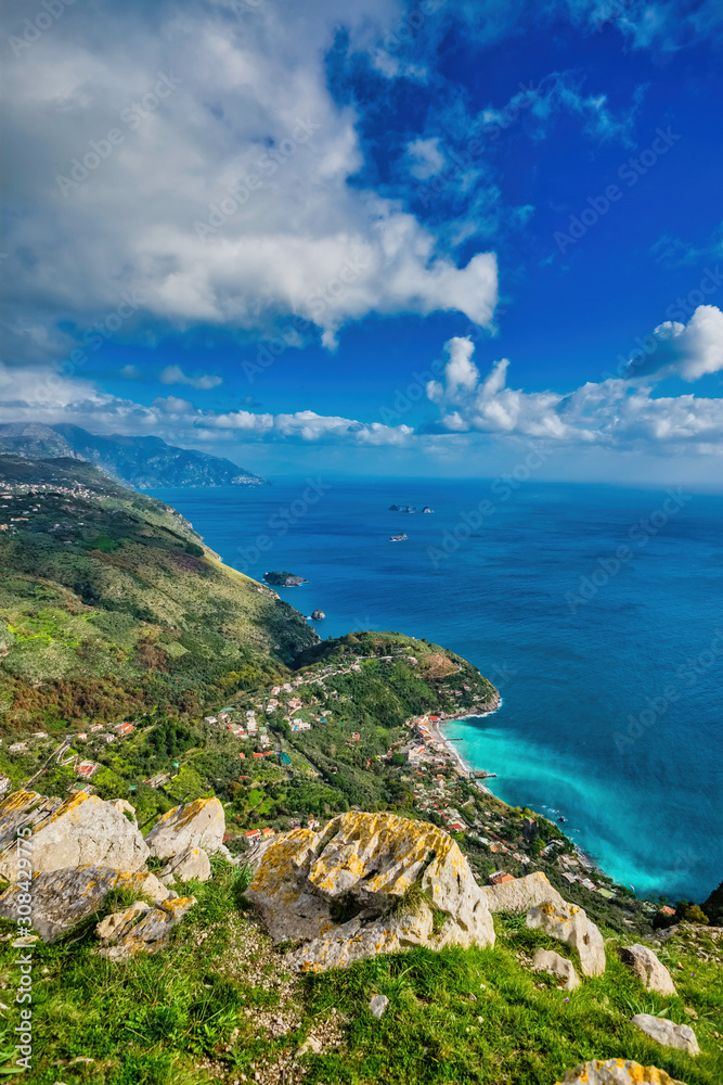View from San Costanzo towards the Amalfi Coast Naples Italy