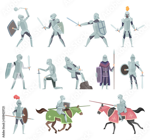 Knights. Medieval battle armor characters crusaders historical battle mascots vector cartoon. Horseman and sword, mace and shield illustration