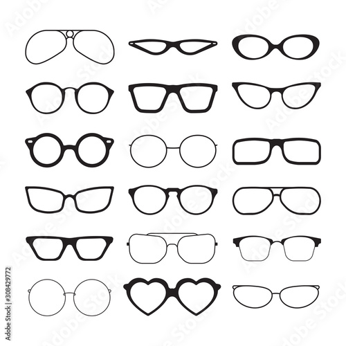 Sunlight glasses. Fashioned glasses black plastic frames retro models sun protection cool eye vision vector silhouettes. Illustration protection vision fashioned, plastic frame eyeglasses