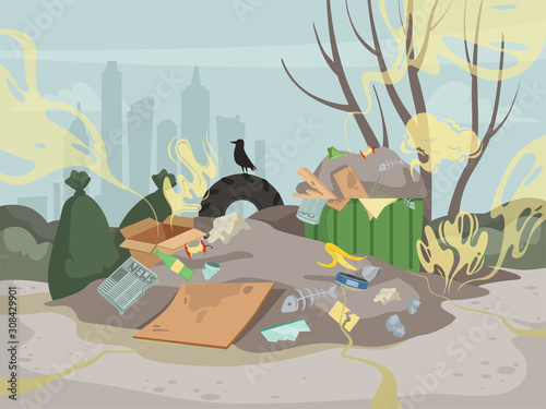 Waste smell. Toxic junk mountain garbage bad environment dump smell clouds vector background. Illustration landfill dirty problem, industry chaos rubbish