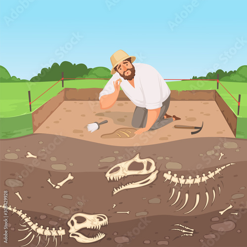 Archaeology character. Man discovery underground geology digging dinosaur bones in soil layers history landscape vector background. Illustration excavation archaeological, discovery archeology photo