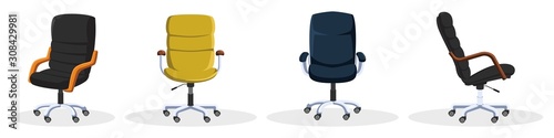 Set with rolling office chairs, armchairs in different colors blue, yellow, black from artificial leather. Front, side, thee quater view. Furniture items for work or home. Vector isolated on white.