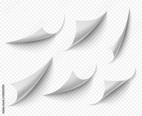 Curled corners. White transparent empty curve pages vector realistic template. Paper note twisted angle, curl page template illustration