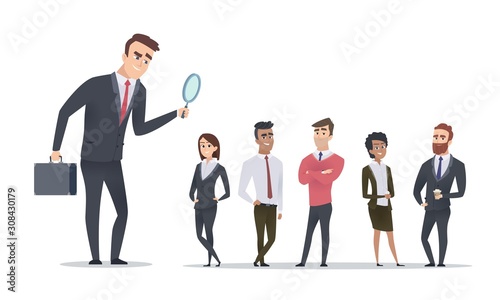 Hiring concept. HR Manager looking for employees. Cartoon business people vector illustration. Hr and hiring, business recruitment candidate