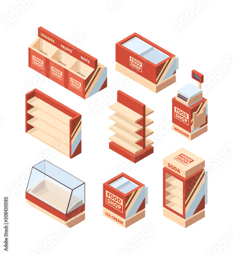 Grocery shop furniture. Store fridge shelves cash register shopping cart vector isometric supermarket tools. Illustration commercial fridge for shopping, freezer supermarket