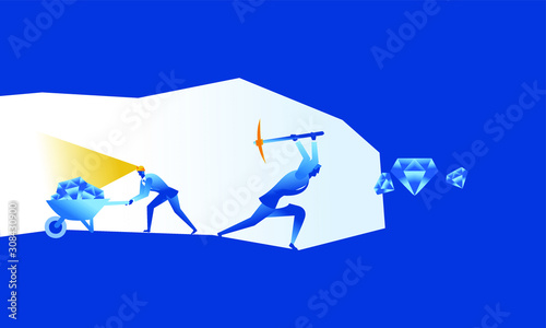 Business work concept illustration about hard work businessman digging diamond treasure profit