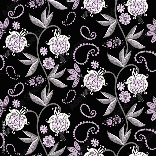 Floral seamless pattern. Branches with flowers and leaves. Beautiful design for fabric.