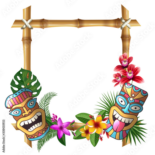 Tiki mask and frame. Hawaii authentic background bamboo square sticks exotic flowers and plants wooden totem vector cultural object. Tiki mask hawaii, hawaiian exotic frame illustration