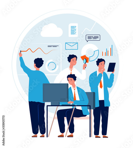 Multitask concept. Businessman making different deals and goals busy manager in action urgent tasks vector characters. Multitasking busy work person, illustration job multi task