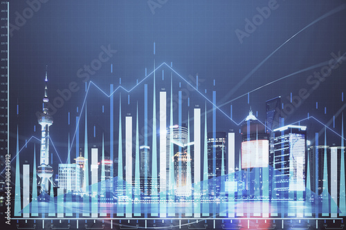 Financial graph on night city scape with tall buildings background double exposure. Analysis concept.