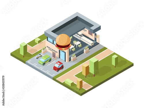 Pizzeria exterior. Modern urban fast food restaurant city isometric map with buildings facades infrastructure vector. Cafe exterior, restaurant and pizzeria illustration