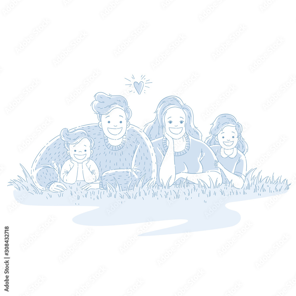 Happy family is lying on the grass. Parents spend time with children. Hand drawn style, monochrome vector illustrations. Happy family is lying on the grass. Parents spend time with children. Hand drawn style, monochrome vector illustrations.