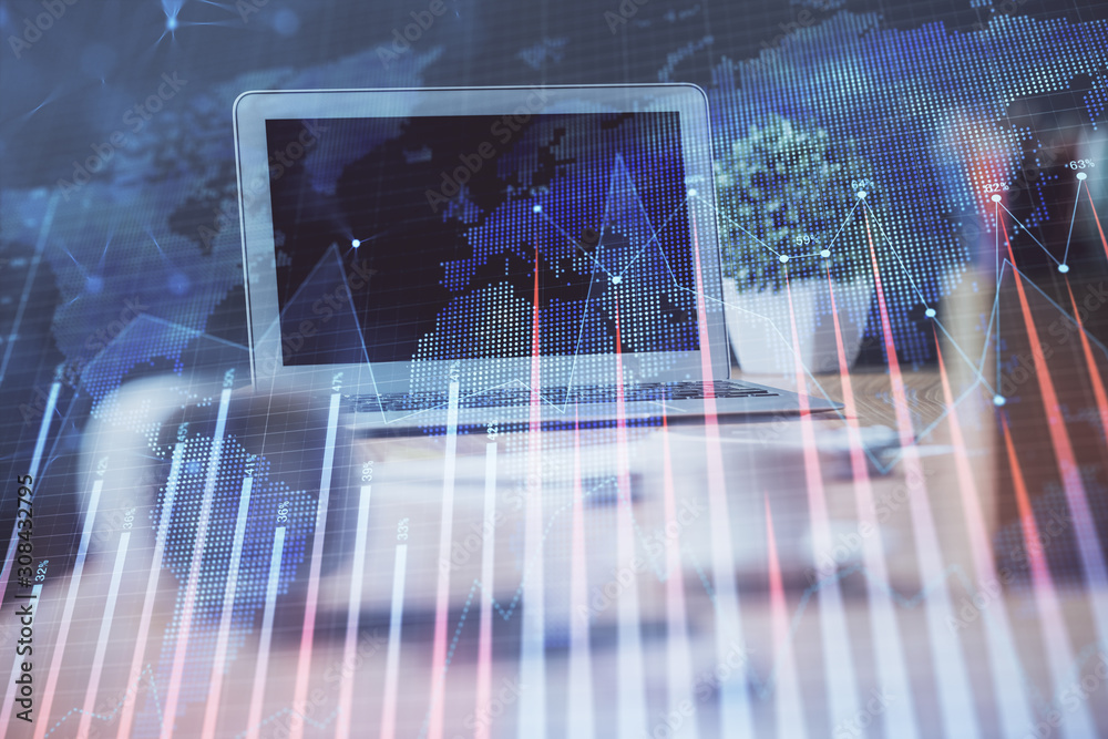 Stock market chart hologram drawn on personal computer background. Multi exposure. Concept of investment.