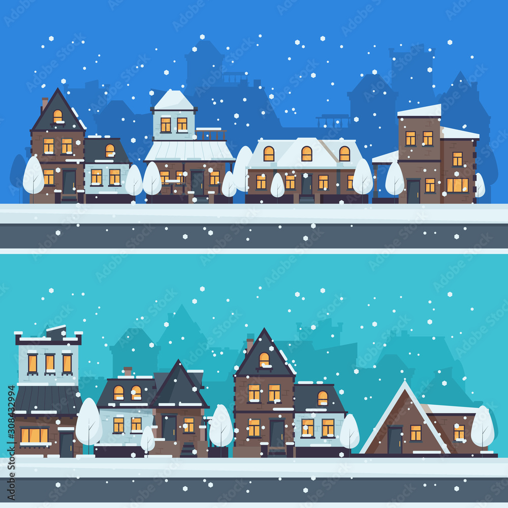 Snow winter city. Urban landscape with christmas season houses holiday buildings vector landscape. Illustration street urban house, winter seasonal street