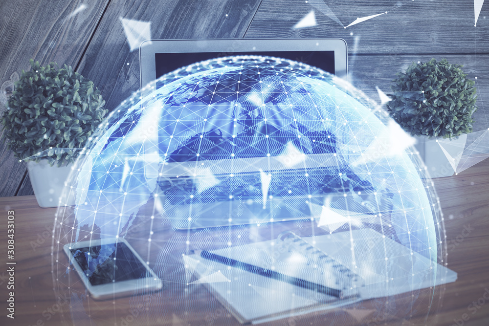 Multi exposure of business theme icons and work space with computer background. Concept of success. Multi exposure of business theme icons and work space with computer background. Concept of success.