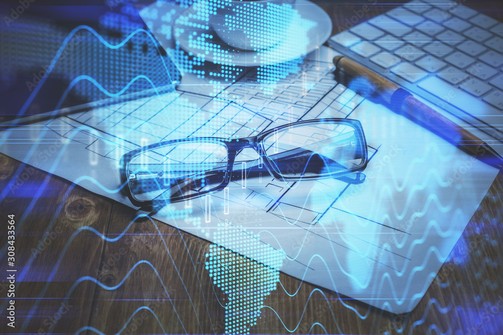Financial chart hologram with glasses on the table background. Concept of business. Double exposure. Financial chart hologram with glasses on the table background. Concept of business. Double exposure.