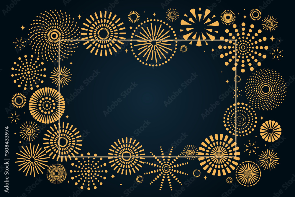 Vector illustration with golden fireworks frame on a dark blue background, place for text. Flat style design. Concept for holiday celebration, greeting card, poster, banner, flyer. Vector illustration with golden fireworks frame on a dark blue background, place for text. Flat style design. Concept for holiday celebration, greeting card, poster, banner, flyer.