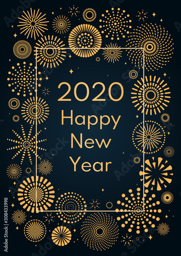 Vector illustration with golden fireworks frame on a dark blue background, text 2020 Happy New Year. Flat style design. Concept for holiday celebration, greeting card, poster, banner, flyer.