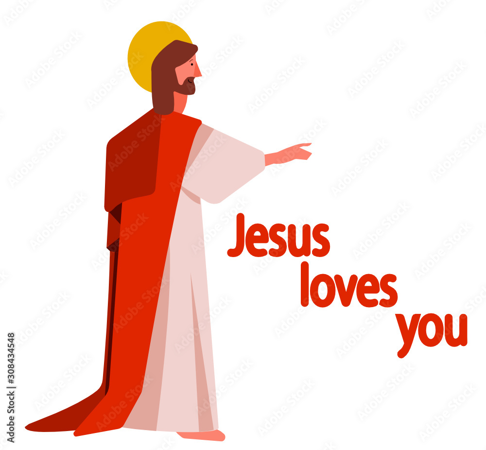 Cute flat illustration of Jesus Christ the Savior in white and red