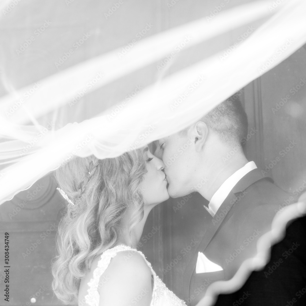 The Kiss. Bride and groom kisses tenderly in the shadow of a flying veil.  Close up