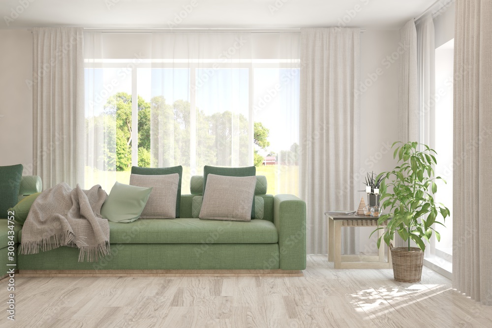 Stylish room in white color with sofa and summer landscape in window. Scandinavian interior design. 3D illustration Stylish room in white color with sofa and summer landscape in window. Scandinavian interior design. 3D illustration