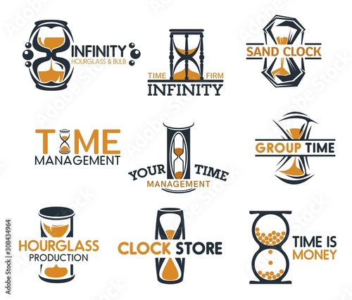 Clock shop, hourglasses symbols of time and infinity isolated icons. Vector timemanagement and sand clock icons, sandglass store. Vintage countdown signs, time is money emblem, timer retro watch