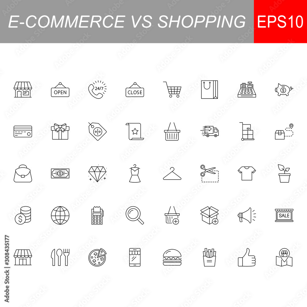 SHOPPING vs E-COMMERCE line thin icons set. Vector illustrations collection EPS10. SHOPPING vs E-COMMERCE line thin icons set. Vector illustrations collection EPS10.