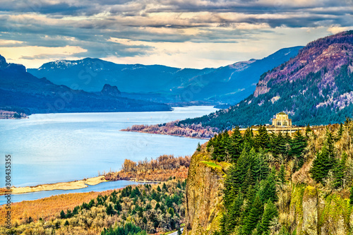 View of Vista House at Crown Point above the Columbia River in Oregon
