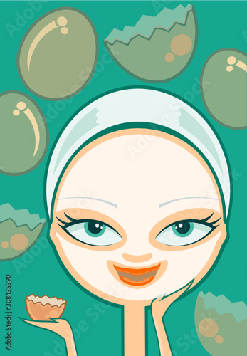 The vector illustration of a pretty woman is treating skin with natural methods by  using egg white or albumen mask.