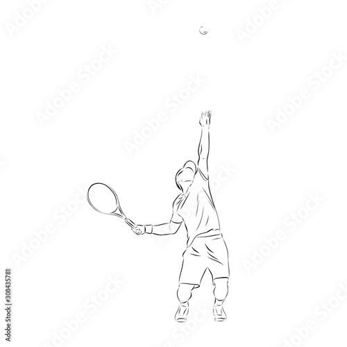 Tennis player serving ball. Pen drawing, isolated vector outline illustration. Line art © michalsanca